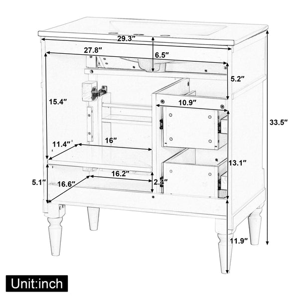 English Elm 30" Freestanding Bathroom Vanity Rubberwood Frame Ceramic Sink Flip Drawer Storage Green N725P356062F