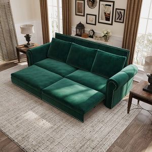 English Elm Chesterfield Sofa, 93.7" Velvet 3-In-1 Convertible Sleeper Bed With Nailhead Trim & Pillows, Green W1885S00099