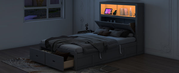 English Elm Wood Full Size Hydraulic Platform Bed with LED Headboard, Charging Station, Hidden Storage Drawers and Shelves Gray GX000371AAE