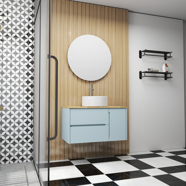 English Elm 36-Inch Modern Minimalist Wall-Mounted Bathroom Vanity With Blue Cabinet & Natural Wood Top Design W3151S00008