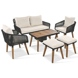 English Elm K&K 6-Piece Rope Patio Furniture Set, Outdoor Furniture With Acacia Wood Cool Bar Table With Ice Bucket , Deep Seat Patio Conversation Set With Two Stools For Backyard Porch Balcony (Black & Beige)