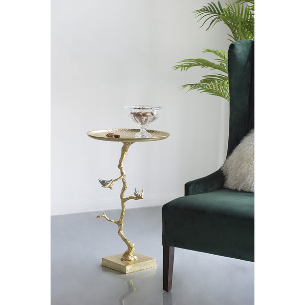 English Elm 16.9x16.9x28" Round Aluminum Side Table Sculptural Bird Branch Art Deco Accent W2078P485327