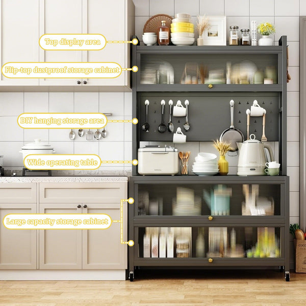 English Elm 64" 5-Tier Kitchen Pantry Cabinet on Wheels with Transparent Flip Doors, DIY Pegboard, Heavy-Duty Metal Storage Rack W3204P300624