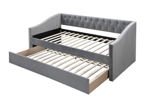 English Elm Contemporary Tufted Burlap Daybed with Pull Out Trundle and Nailhead Trim Detail B011S02043