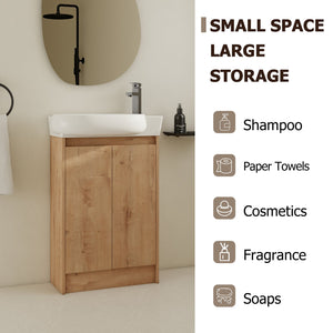 English Elm 23" Freestanding Bathroom Vanity with Ceramic Vessel Sink, Soft-Close Doors, Adjustable Shelf Storage Imitative Oak W999P206106