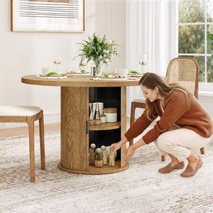 English Elm 43" Round Wood Dining Table with Geometric Metal Base Seats 4 Space Saving Modern Walnut T3623P433903