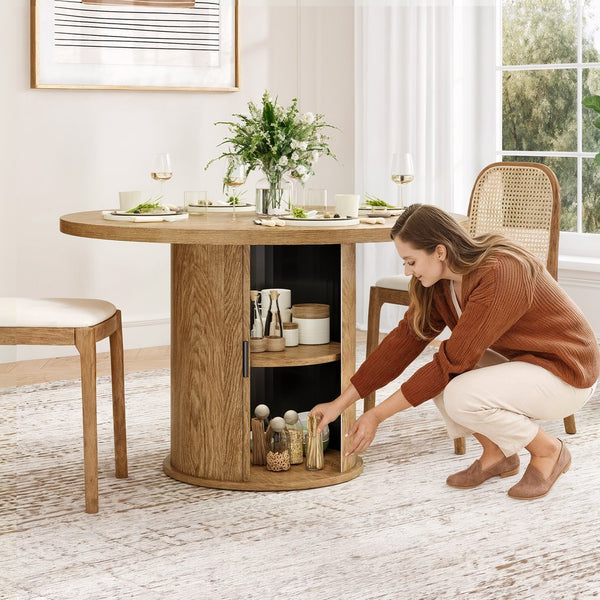 English Elm 43" Round Wood Dining Table with Geometric Metal Base Seats 4 Space Saving Modern Walnut T3623P433903