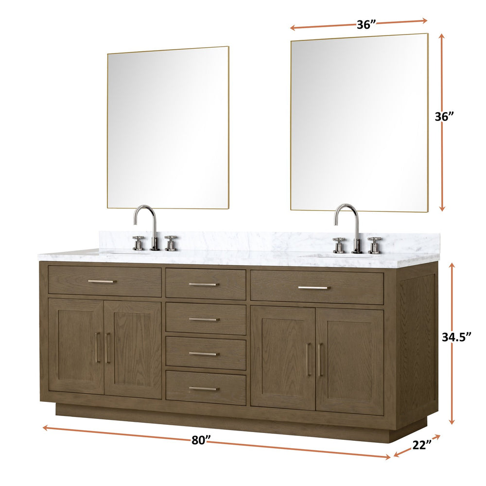 English Elm Grey Oak Double Bath Vanity Set With Carrara Marble Top & Two 36-Inch Mirrors For Elegant Bathrooms B2731S01549