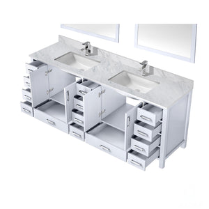 English Elm White Double Bath Vanity 84 in W x 22 in D with Carrara Marble Top, Chrome Faucet, 34in Mirrors, Durable Finish B2731S01062