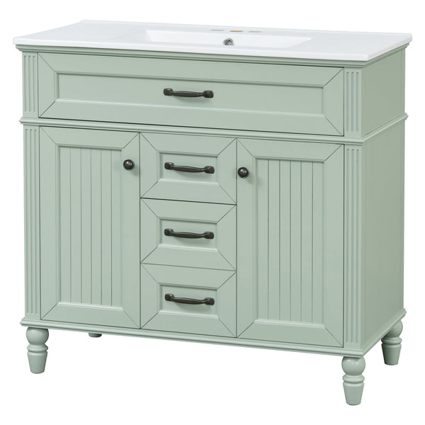 English Elm 36 Inch Bathroom Vanity with Ceramic Sink, Durable MDF & Solid Wood Frame, Soft-Close Doors, Luxe Handles, Ample Organized Storage, Modern Freestanding Design Green N725P314034F