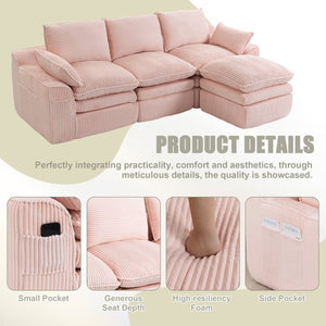 English Elm L Shaped Corduroy Modular Sectional with Cloud Cushions Footstool and Lumbar Pillows Pink W395S00138