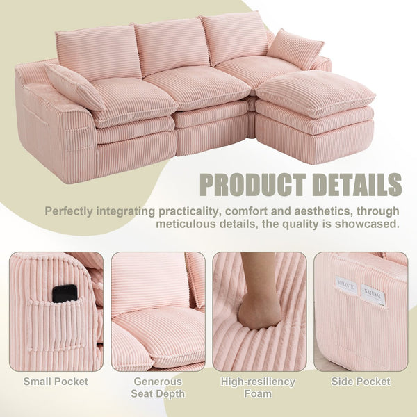 English Elm L Shaped Corduroy Modular Sectional with Cloud Cushions Footstool and Lumbar Pillows Pink W395S00138
