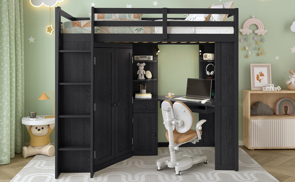 English Elm Twin Loft Bed with Wardrobe Desk Charging Station and Spotlights for Small Rooms Black LT000450AAB