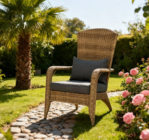 English Elm Soft Cushioned Wicker Adirondack Patio Chair with Tall Curved Back and Wide Armrests T3971P417339