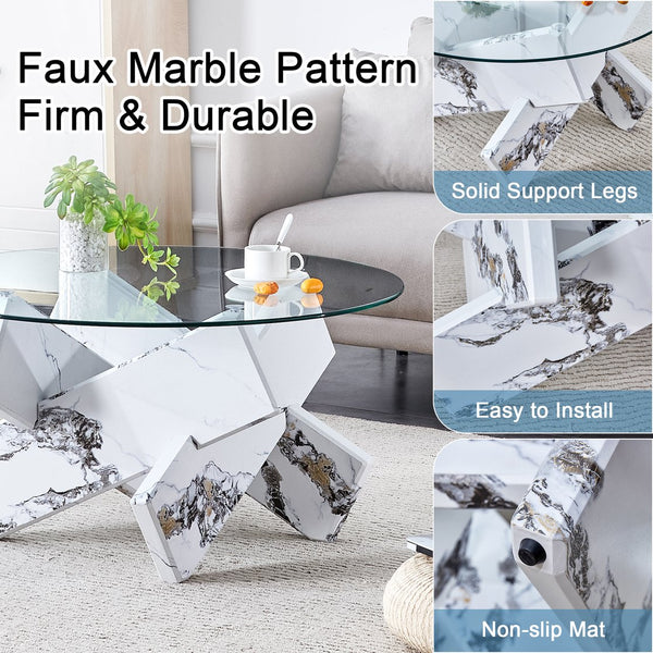 English Elm Round glass coffee table with 33.4" tempered top, white patterned MDF legs, sturdy 130lb capacity modern centerpiece W1512P395025