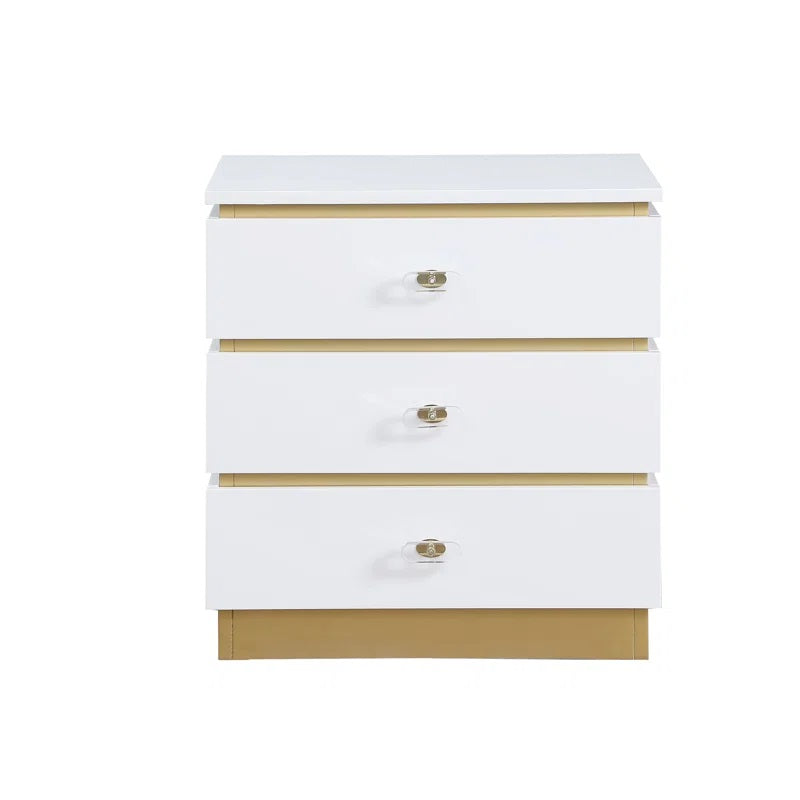 English Elm Living Room End Table Modern White Lacquer with 3 Removable-Handle Drawers & Brushed Gold Base B011P356300