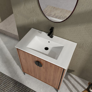 English Elm 30 LEVISTAR Bathroom Vanity with Drop-In Ceramic Sink, 2-Door Engineered Wood Cabinet, Brown, 30" W1972S00002