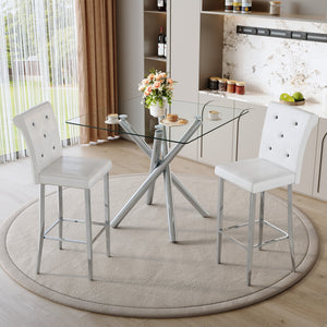 English Elm Modern Tempered Glass Pub Table Set with Chrome Base and White Pu Leather Stools W3875S00034