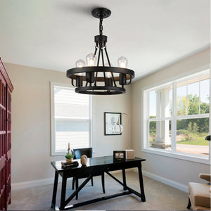 English Elm Four-light Wagon Wheel Pendant Matte Black Metal Industrial Plug-in Dining Fixture W2991P407027