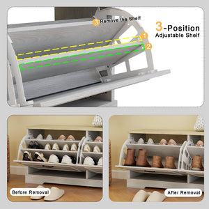 English Elm Shoe Storage Bench With Elegant Antique White Finish, 2 Flip Drawers & Adjustable Shelf For Versatility W1120P290636-GIGA