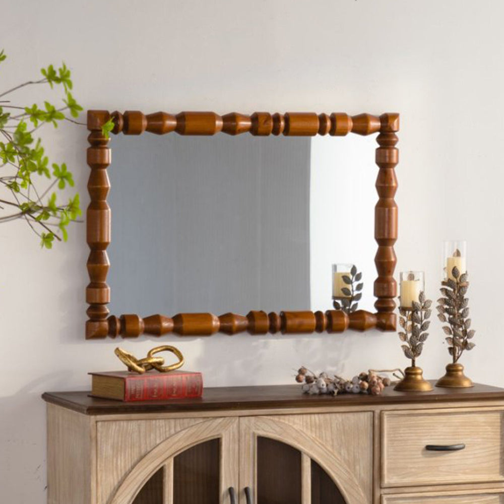 English Elm Vintage Hand Carved Solid Wood Round Wall Mirror with Ornate Column Frame for Entryway W3081P391522