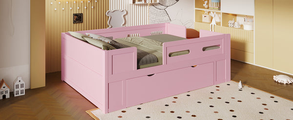 English Elm Wood Twin Platform Bed for Kids with Fence Guardrail and Under Storage Drawer Pink N709P385776H