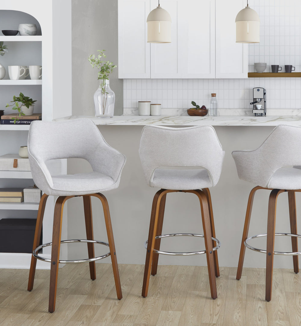 English Elm Fixed-height Swivel Barstools Mid-century Walnut Bentwood Frame Grey Upholstered Set B202S01928