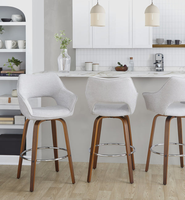 English Elm Fixed-height Swivel Barstools Mid-century Walnut Bentwood Frame Grey Upholstered Set B202S01928