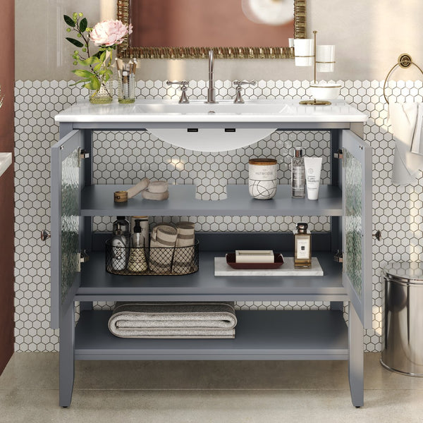 English Elm Christopher Knight Home® - 36" Bathroom Vanity with Ceramic Sink, Solid Wood Legs, Waterproof Finish, Soft-Close Hinges, Open Shelf, Silver Knobs Gray N817P286249G