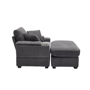 English Elm Corduroy Chaise Lounge Sofa With Storage, Movable Ottoman & Cupholders For Relaxation W2120S00004-GIGA