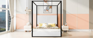 English Elm Queen Velvet Upholstered Canopy Bed White Metal 4 Poster Frame No Box Spring GX001031AAB