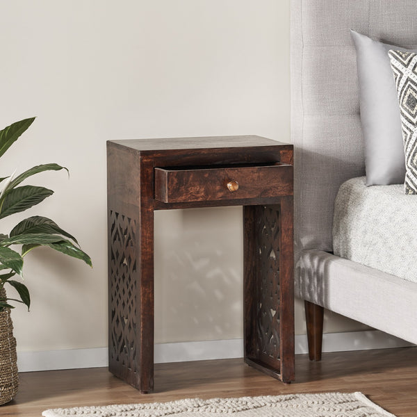 English Elm Christopher Knight Home® - End handcrafted traditional wood end table with carved detailing, mango-faux wood finish, drawer storage, 18"W 67337.00