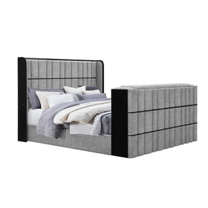 English Elm Isaiah Ultra Soft Grey Bed with 50" Motorized TV Lift, Built-In Audio and Footboard Media Hub Queen LED, Speakers, Fireplace B201S00406