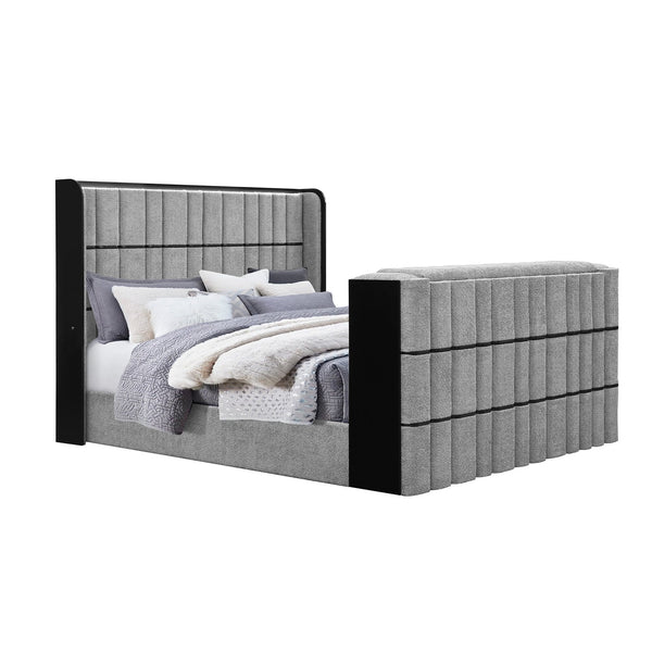 English Elm Isaiah Ultra Soft Grey Bed with 50" Motorized TV Lift, Built-In Audio and Footboard Media Hub Queen LED, Speakers, Fireplace B201S00406