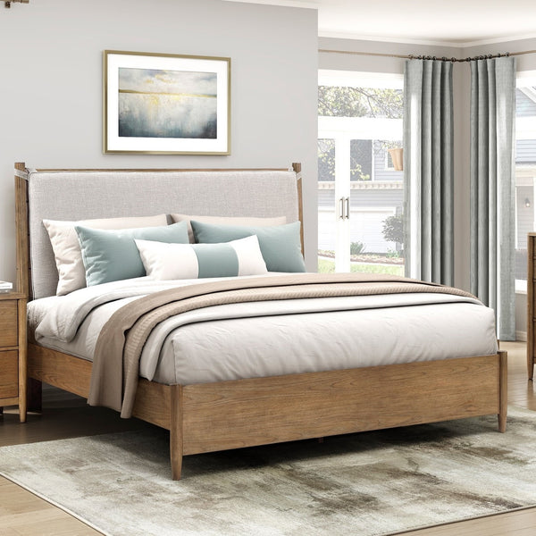 English Elm Modern Hickory Veneer Queen Bed with Tall Headboard and Removable Upholstered Cushion B011S02164