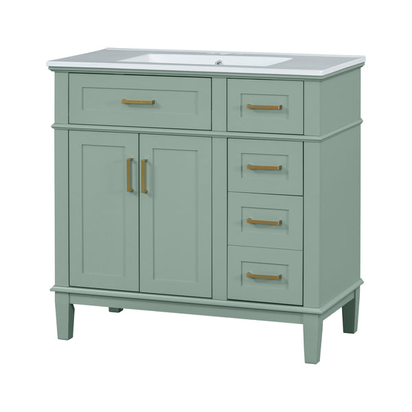 English Elm 36" Green Modern Bathroom Vanity with Ceramic Sink, 4 Soft-Close Drawers & Doors, Solid Wood Build N729P253935F