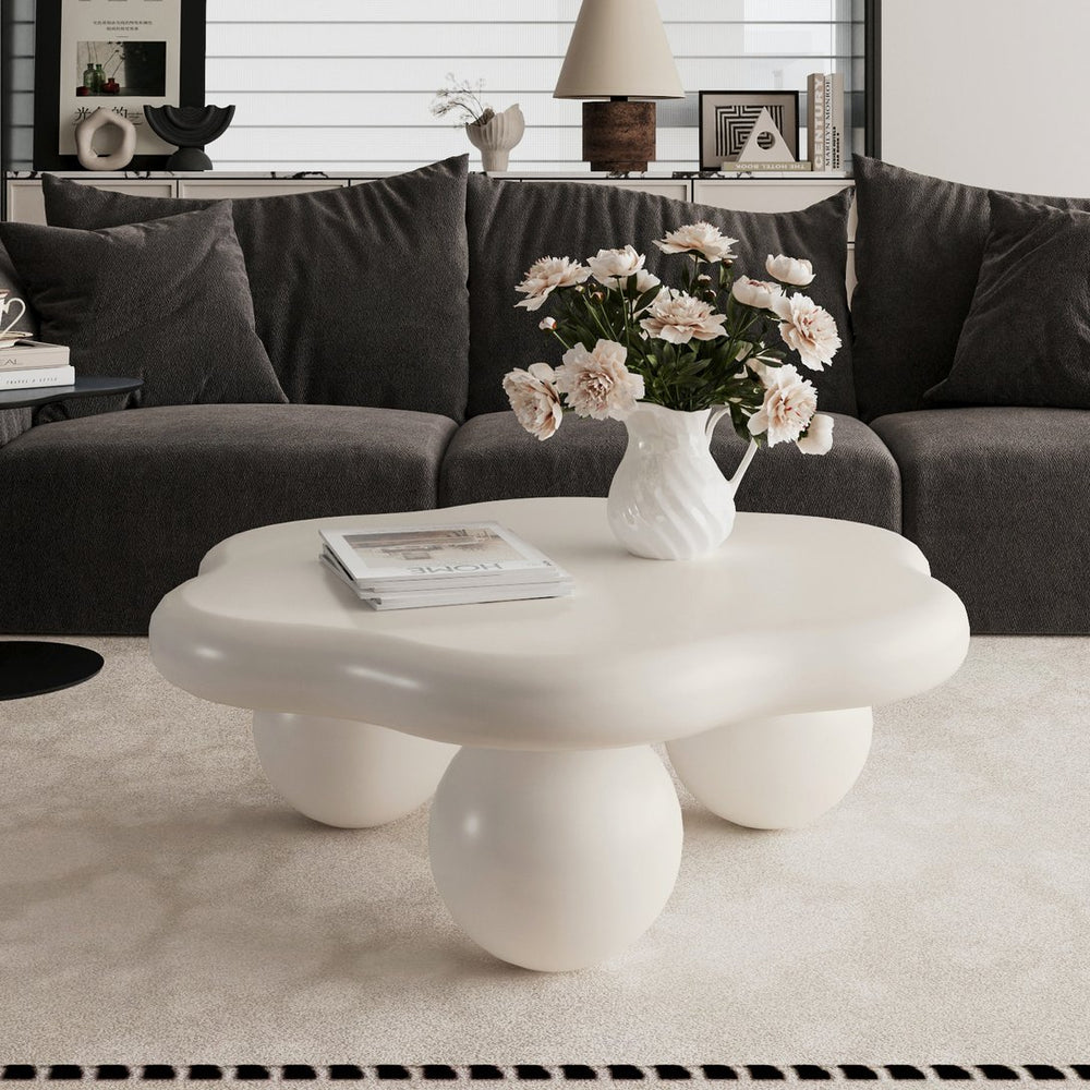 English Elm 35" Cloud Shaped Mdf Coffee Table Sculptural Round Top with Spherical Legs for Modern Living Cream White W1435S00027