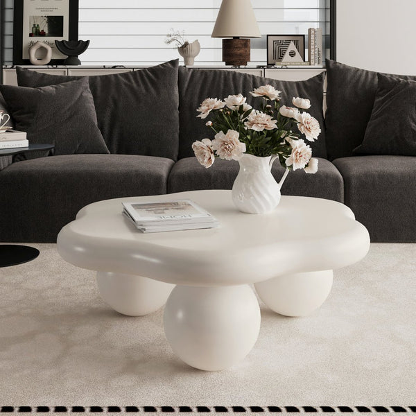 English Elm 35" Cloud Shaped Mdf Coffee Table Sculptural Round Top with Spherical Legs for Modern Living Cream White W1435S00027