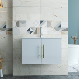 English Elm 30-Inch Sleek White Gloss Wall-Mounted Bathroom Vanity With Gold Handles & Soft-Close Doors, Easy Install W3151S00052