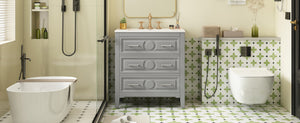 English Elm 30'' Bathroom Vanity with Ceramic Sink, Solid Wood Frame Retro Style Vanity with 3 Drawers & Gold Handles Gray N710P246209E