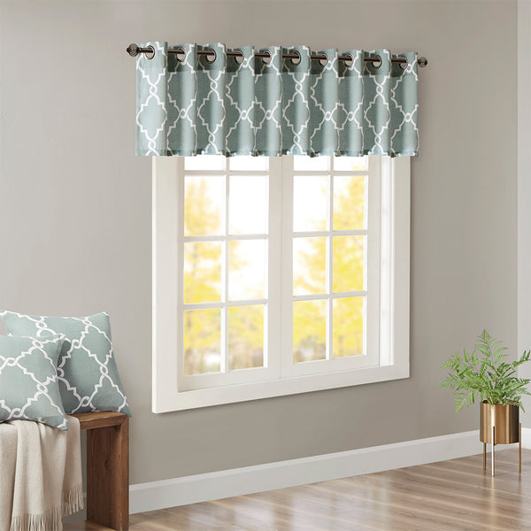 JLA Home Madison Park - Fretwork Metallic Fretwork Print Valance with Grommet Top — Textured Cotton-Blend Light Filter Seafoam/White MP41-2405