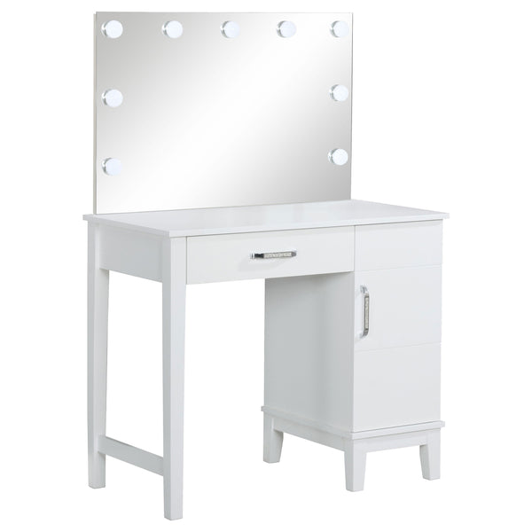English Elm Elijah White Vanity Set with Lighted Mirror, Stool & Side Cabinet — Timeless Storage, Elegant Design B062S00866