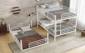 English Elm Twin Triple Metal Bunk Bed Matte Powder Coated Frame with Full Safety Guardrails Light White W1580S00581