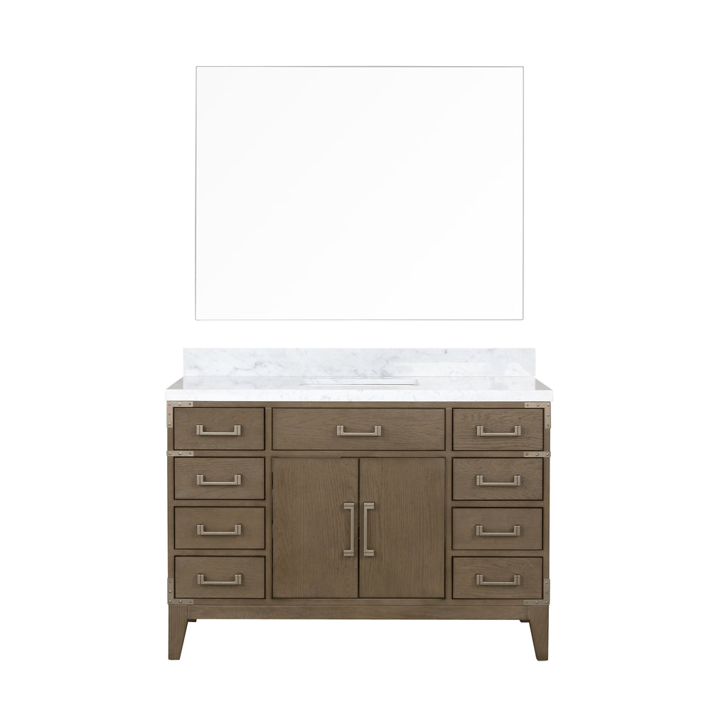 English Elm Grey Oak Single Bath Vanity 48in W x 22in D with Carrara Marble Top, Soft-Close Storage & 46in Mirror B2731S01471