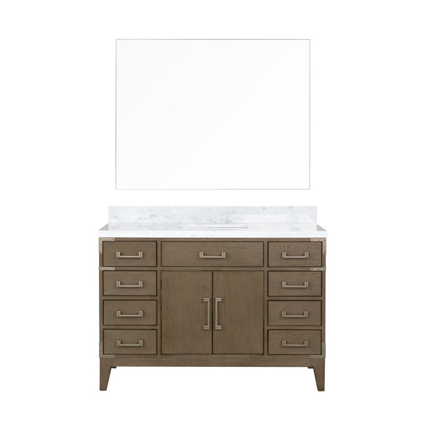 English Elm Grey Oak Single Bath Vanity 48in W x 22in D with Carrara Marble Top, Soft-Close Storage & 46in Mirror B2731S01471