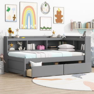 English Elm Twin Size L-Shaped Bookcase Bed With Usb Charging, Drawers, And Stylish Grey Finish For Modern Rooms W504S00218-GIGA