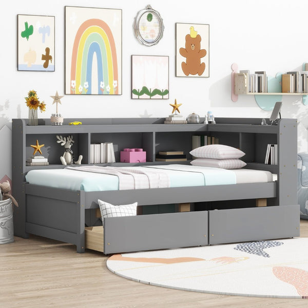 English Elm Twin Size L-Shaped Bookcase Bed With Usb Charging, Drawers, And Stylish Grey Finish For Modern Rooms W504S00218-GIGA
