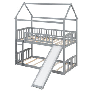 English Elm Twin Over Solid Wood House Bunk Bed with Built-in Slide and Gray Finish LT100213AAE-1