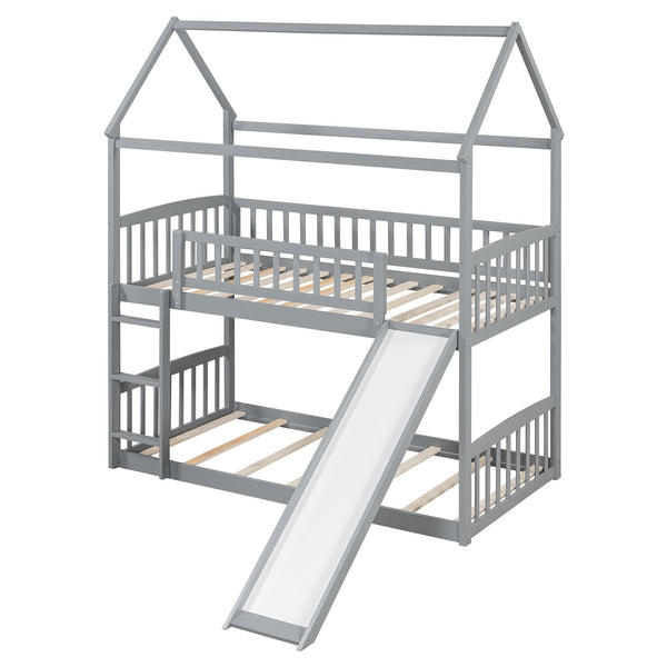 English Elm Twin Over Solid Wood House Bunk Bed with Built-in Slide and Gray Finish LT100213AAE-1
