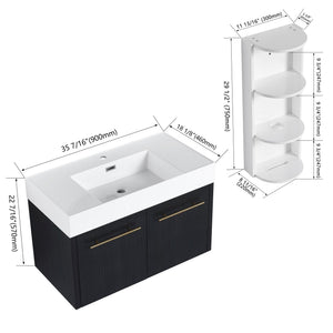 English Elm 36 Inch Wall-Mounted Bathroom Vanity Set With Thick Resin Sink, Storage Rack & Soft-Close Hinges W999S00369